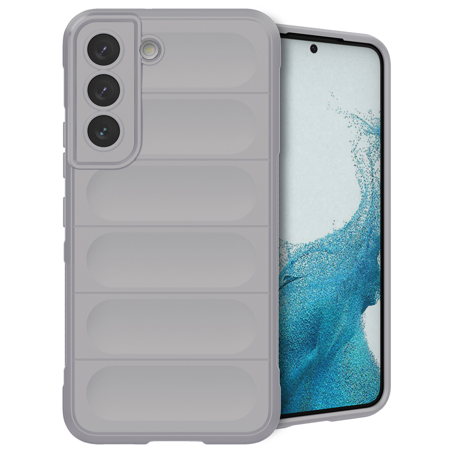 Grijze telefoonhoes met een telefoon erin. De telefoon heeft een blauw scherm en drie camera's.
