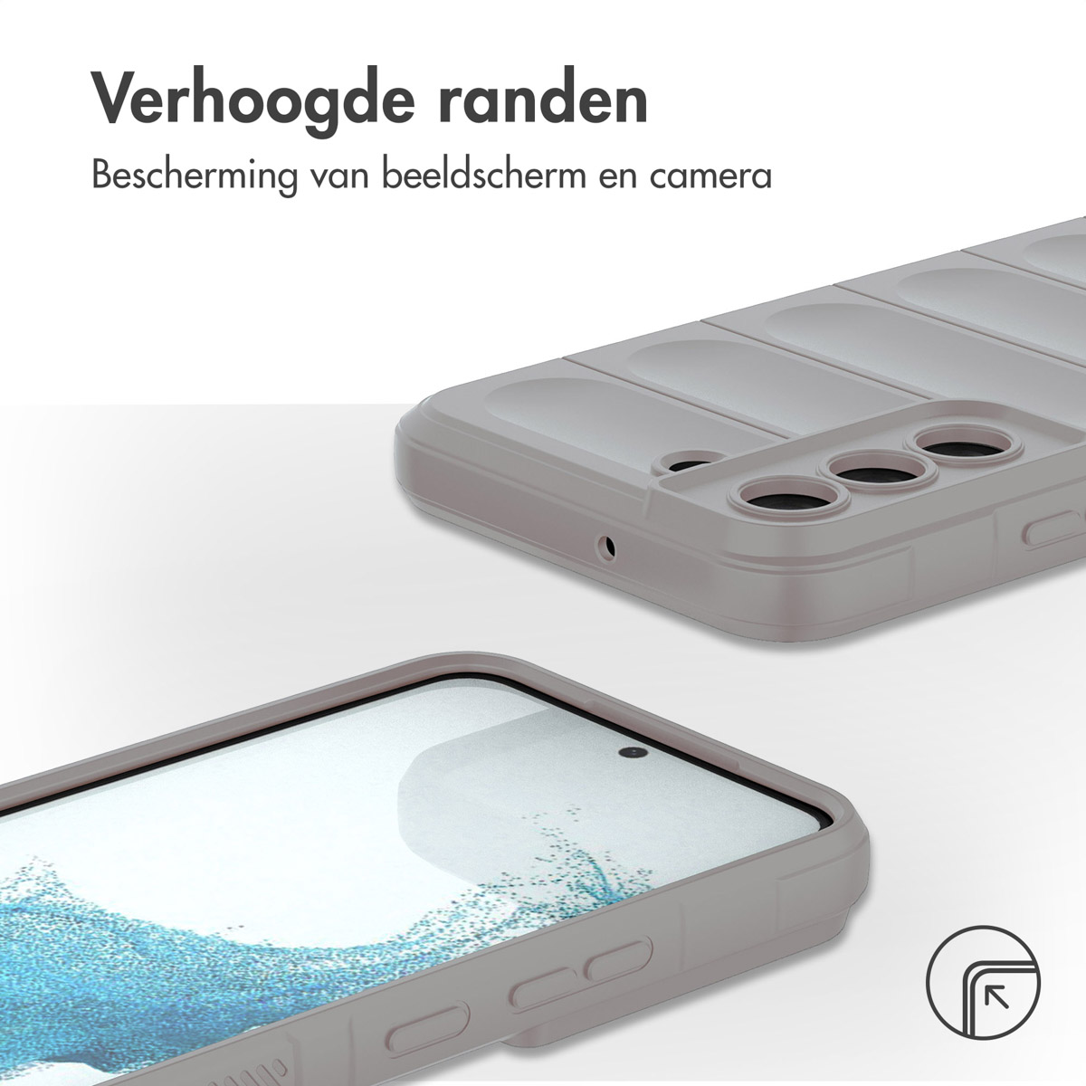 Telefoonhoes in lichtgrijze kleur. Er zit een telefoon in. Tekst bovenaan.