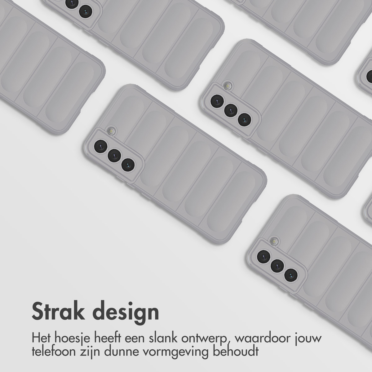 Meerdere grijze telefoonhoesjes met een gestructureerd ontwerp, tekst: 'Strak design'.