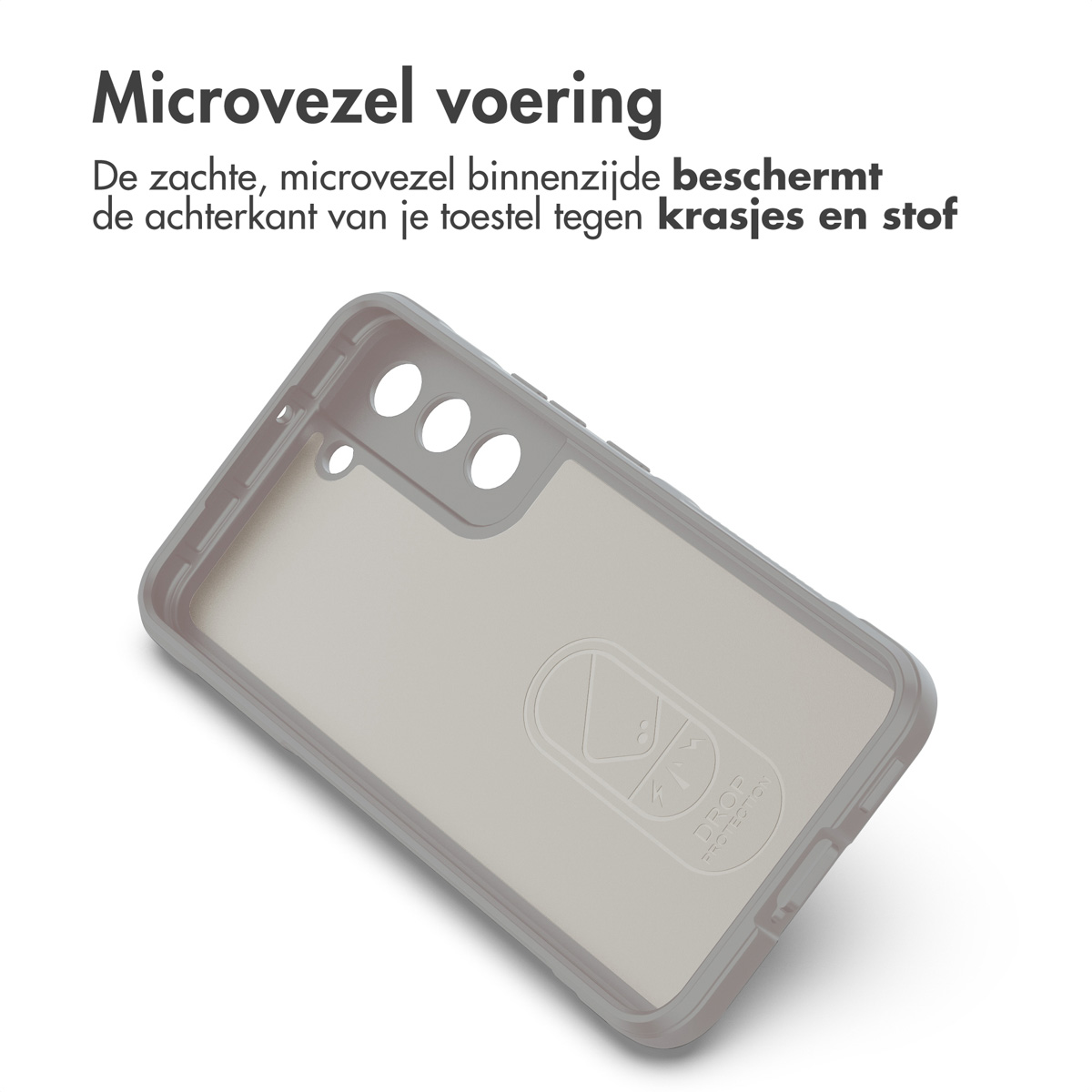 Binnenkant van een telefoonhoesje. De hoes ligt op een witte ondergrond. De hoes heeft een logo.