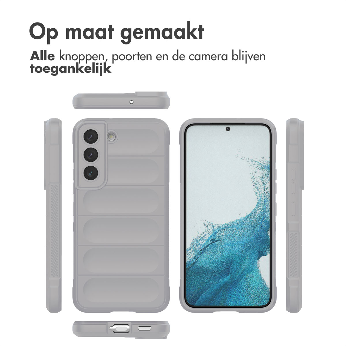 Telefoon in een grijze hoes, met meerdere hoeken van de hoes. Tekst bovenaan: 'Op maat gemaakt'.