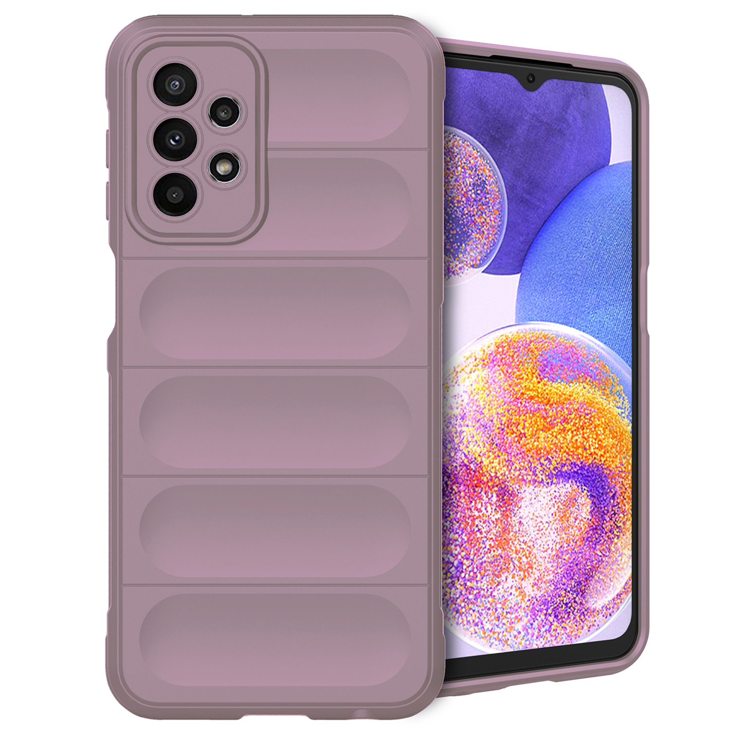 A purple phone with a case is on the left. A phone screen with an abstract background.