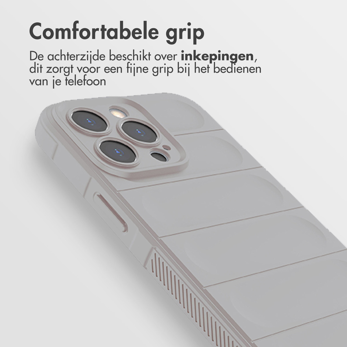 Handyhülle. Die Hülle ist hellbraun mit Linien. Text 'Comfortabele grip'.