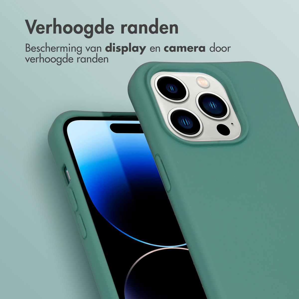 Coque de téléphone verte avec bords surélevés, protégeant l'appareil photo et l'écran.