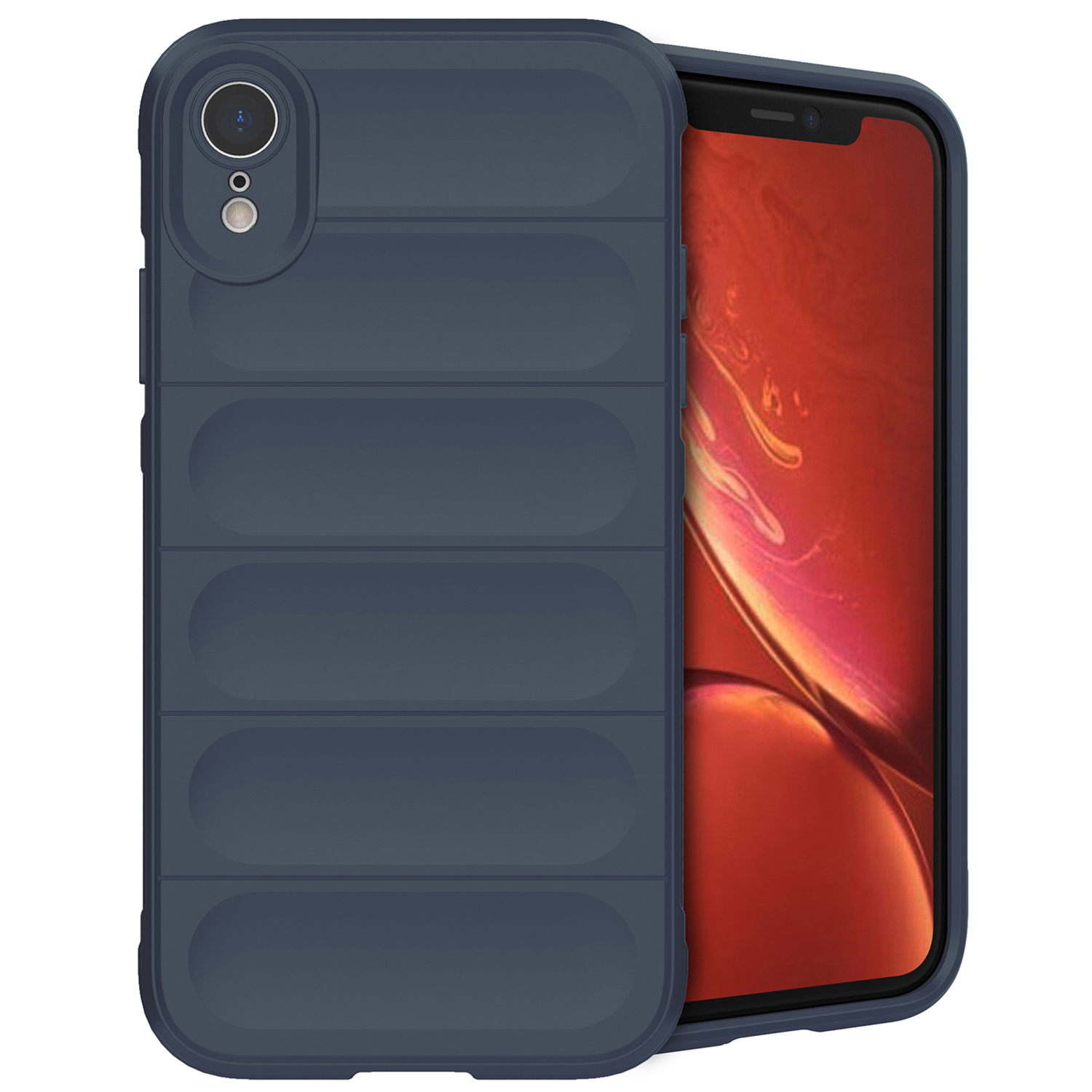 Marineblauwe telefoonhoes met een telefoon. De hoes heeft een geribbeld ontwerp. De telefoon heeft een scherm.