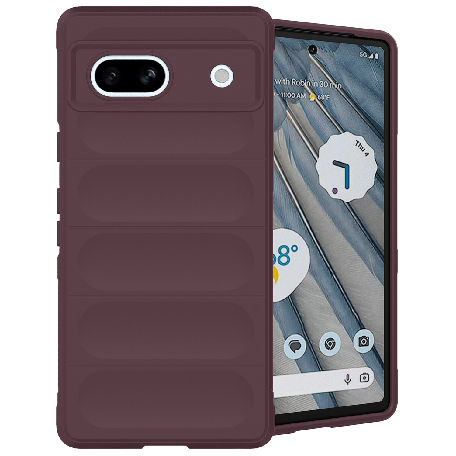 A dark red phone with a case, with a screen displaying a clock and icons.