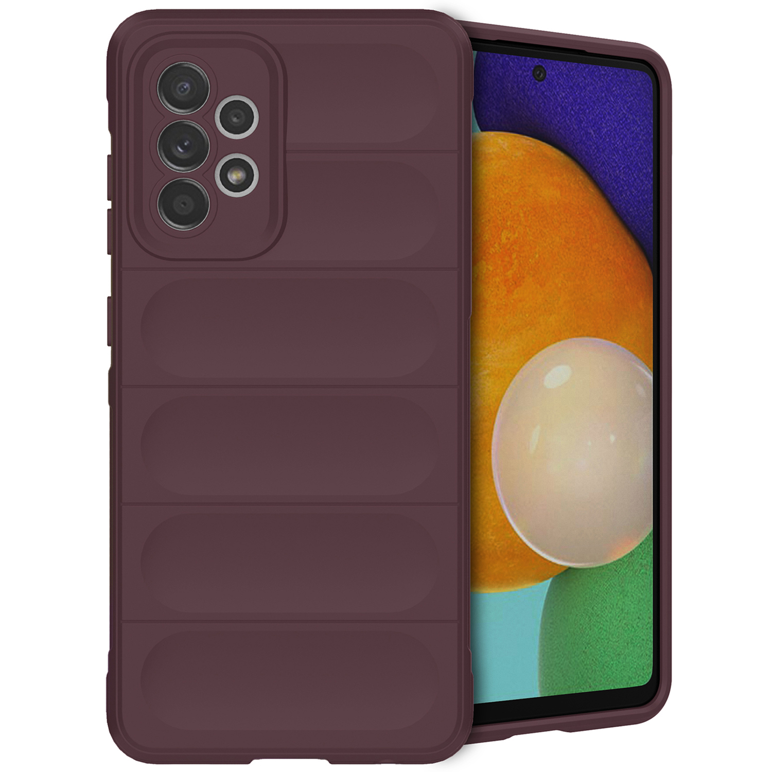 Pruimkleurige telefoonhoes, gegroefd ontwerp, rond de telefoon. Camera zichtbaar. Nederlandse tekst.