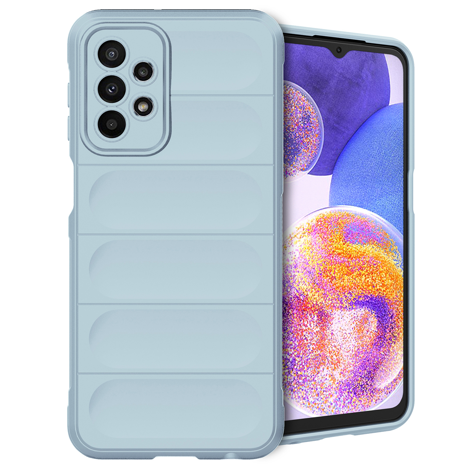 Light blue phone case with a phone inside. The case has a textured design.