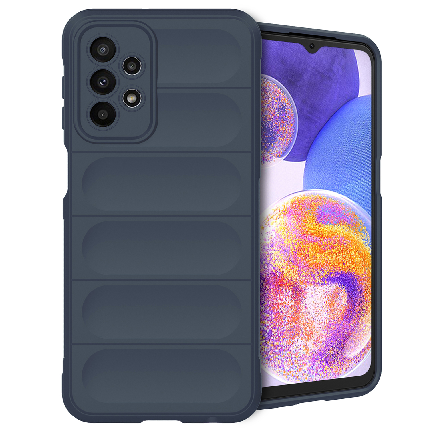Custodia blu navy con design strutturato, accanto a un telefono con display colorato.