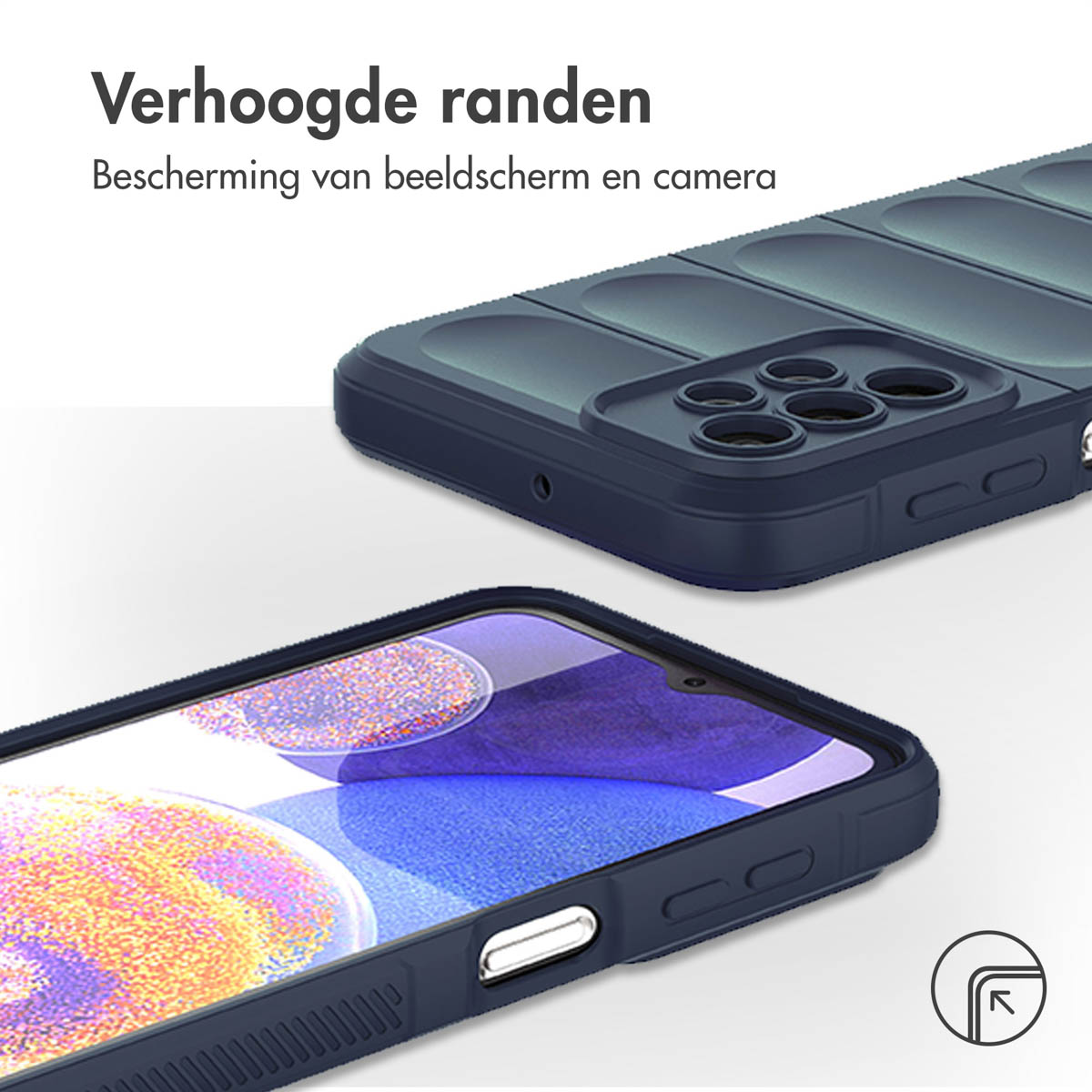 Custodia blu scuro con un telefono all'interno. Il telefono ha uno schermo nero e tre fotocamere.