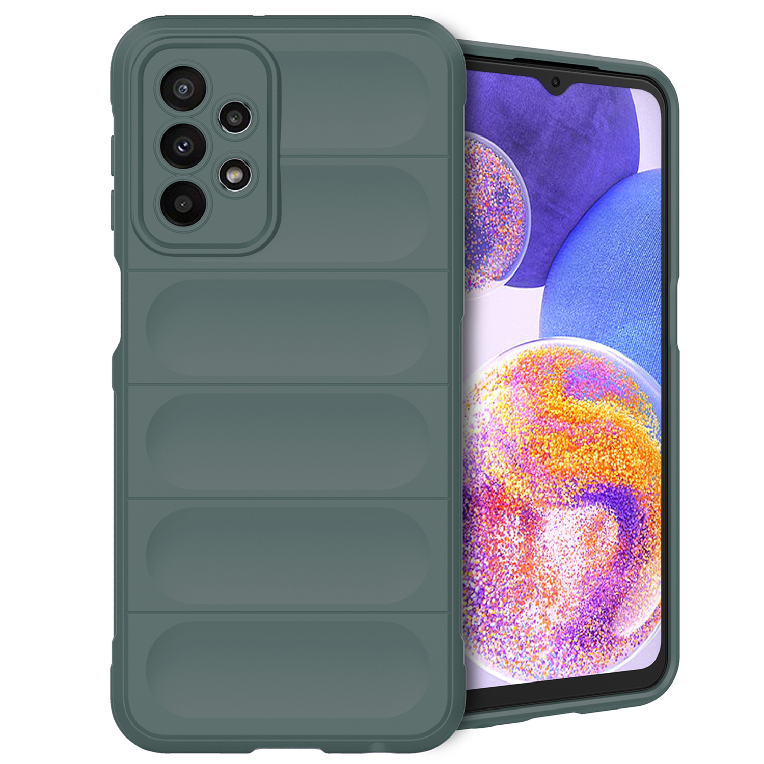 Dark green phone case with a phone inside. The case has a textured design.