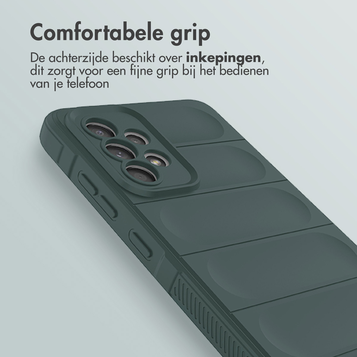 Donkergroene telefoonhoes met textuur. Het heeft een camera-uitsparing en een verhoogde rand.