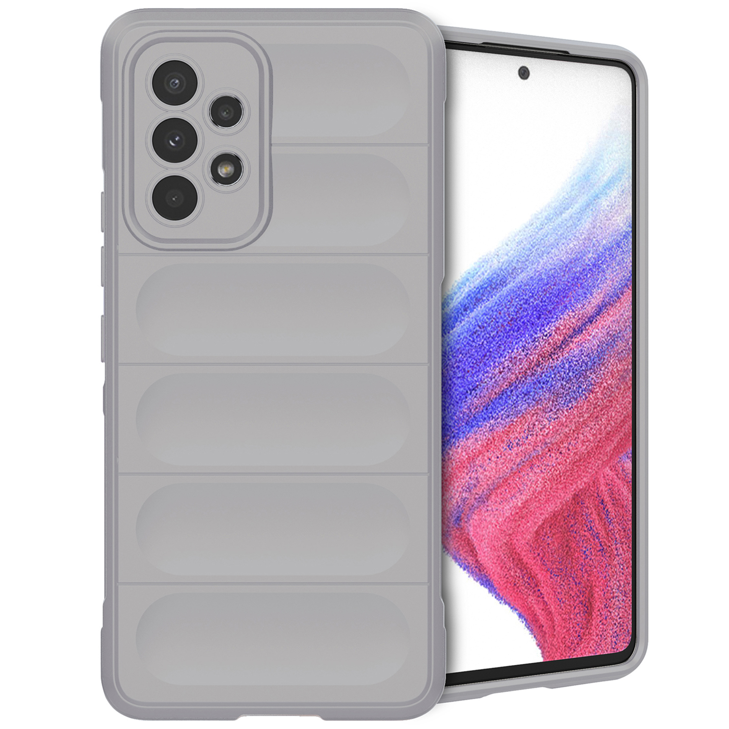 Coque de téléphone grise avec un téléphone à l'intérieur. Le téléphone a un fond orange et rose.