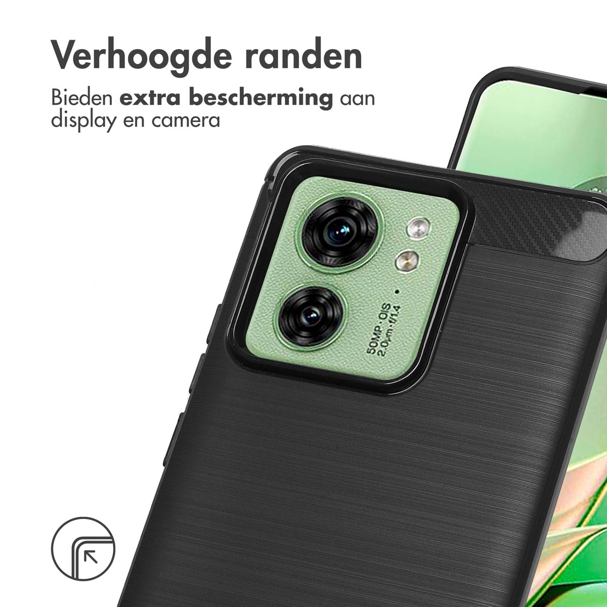 Zwarte telefoonhoes met camera. Tekst: Verhoogde randen bieden extra bescherming.