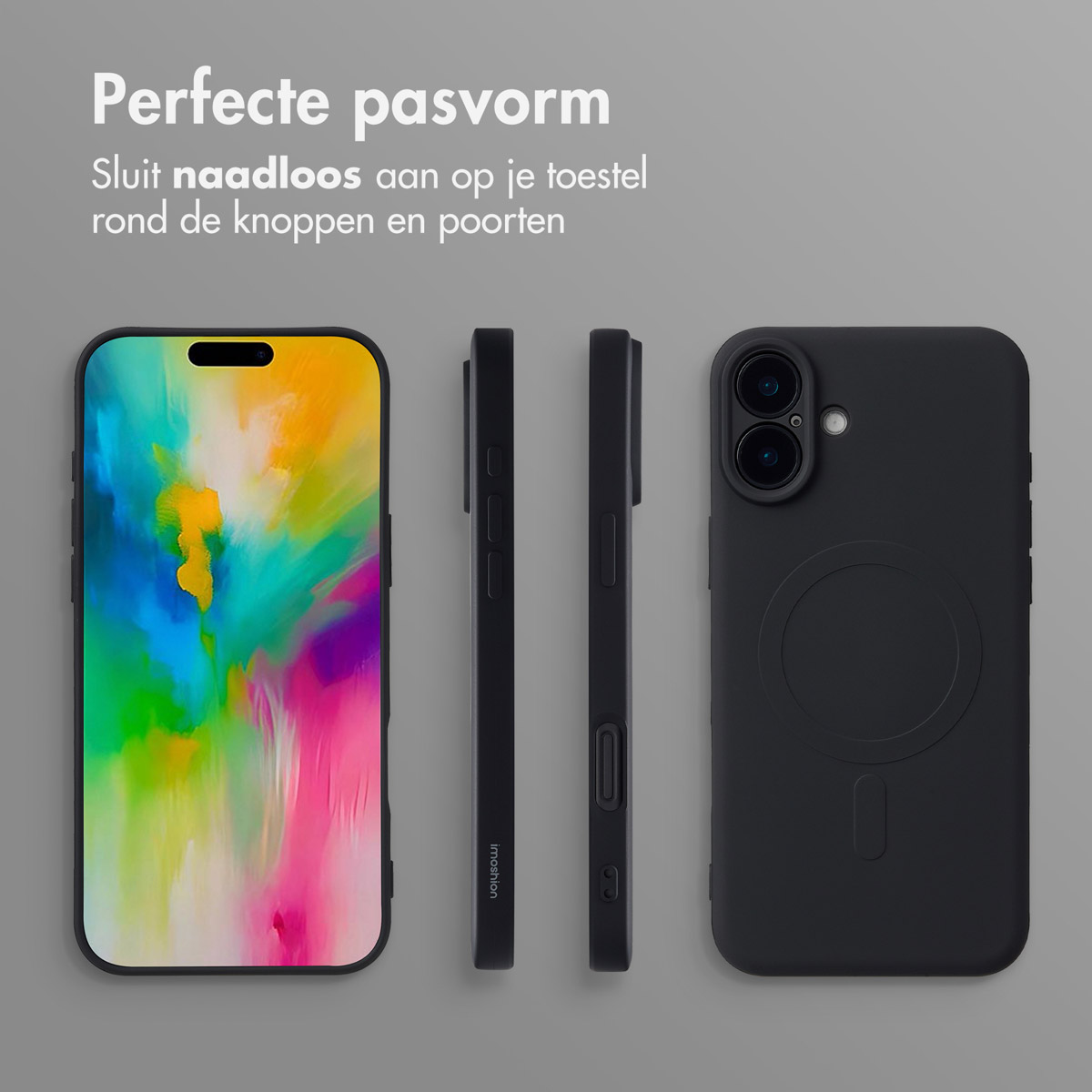 Trois coques de téléphone noires sont présentées devant un fond coloré. Les coques sont présentées sous différents angles.