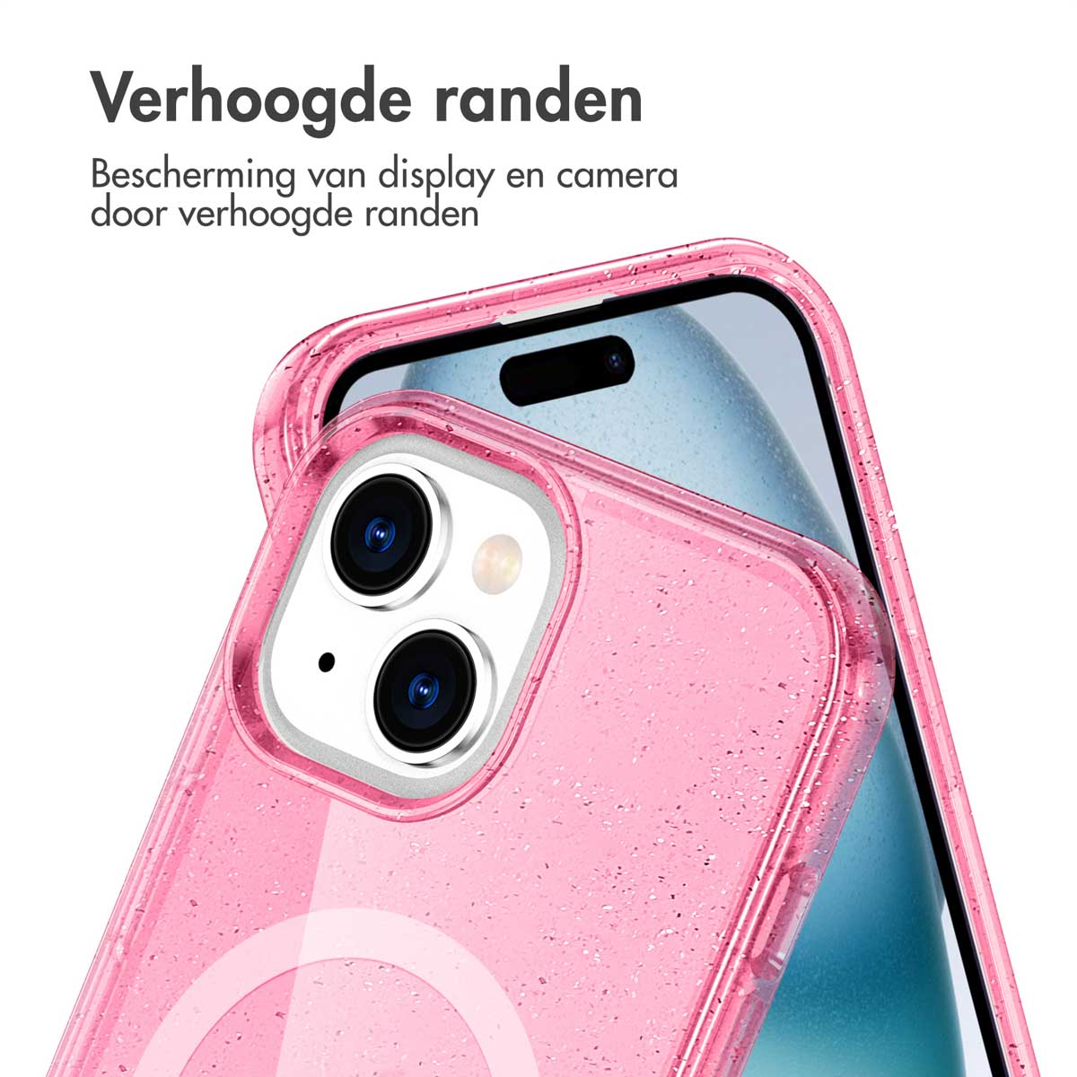 Pink phone case with raised edges. A phone's camera is visible through the case.