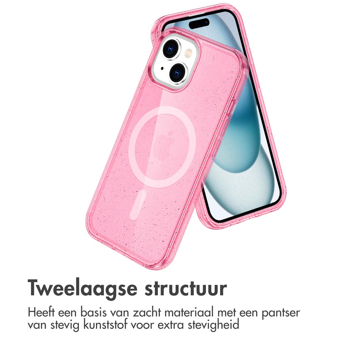 Pink glitter phone case with a white MagSafe circle, phone behind it. Showing the phone case's structure.