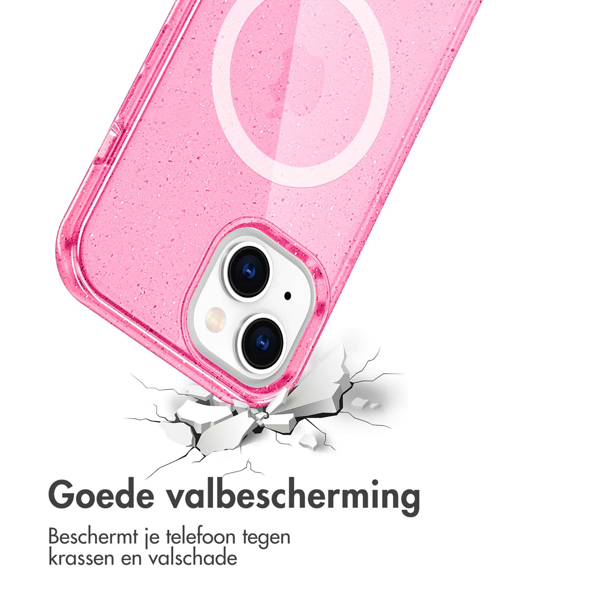 Pink phone case with a white circle on a cracked surface.