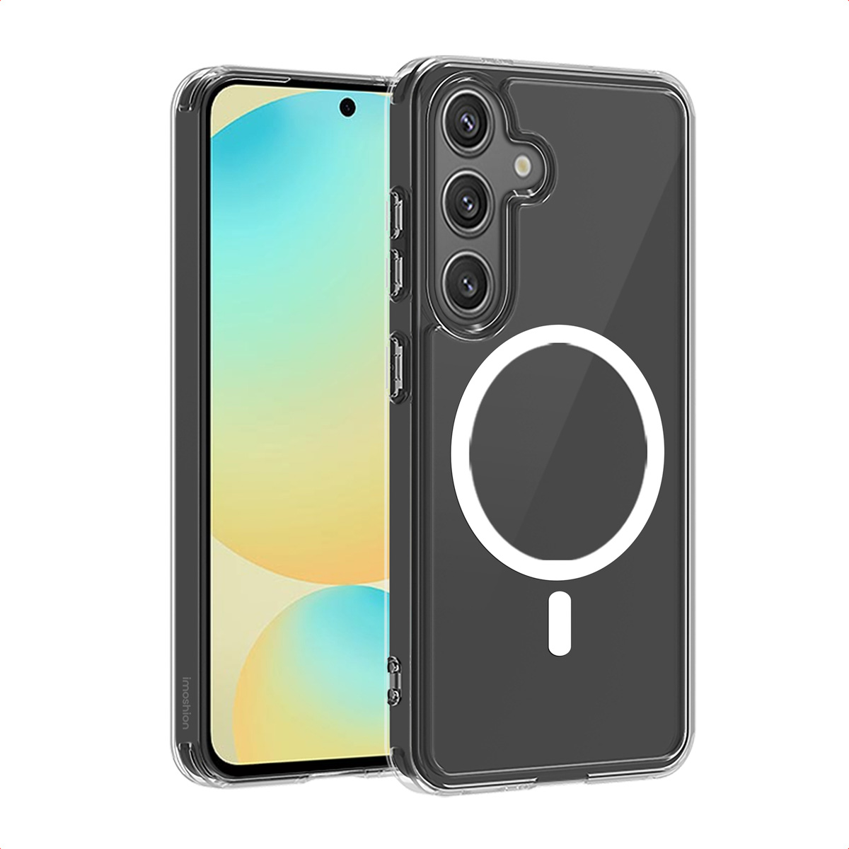 Due custodie trasparenti per telefono affiancate. Una ha un telefono dentro. Entrambe hanno un cerchio bianco.
