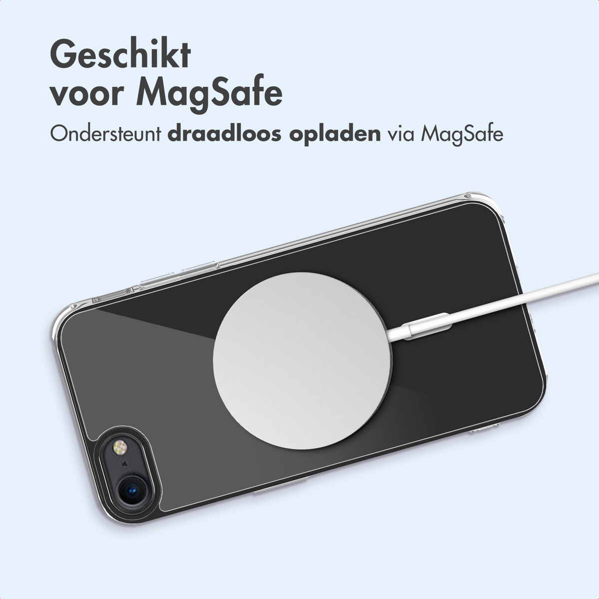 Transparente Handyhülle mit Telefon. Eine weiße Ladescheibe ist auf der Rückseite.