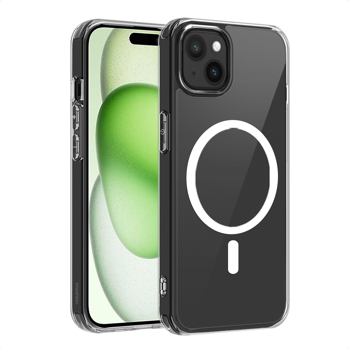 Custodia trasparente per telefono con anello magnetico. Il telefono è visibile. Con bordo nero.