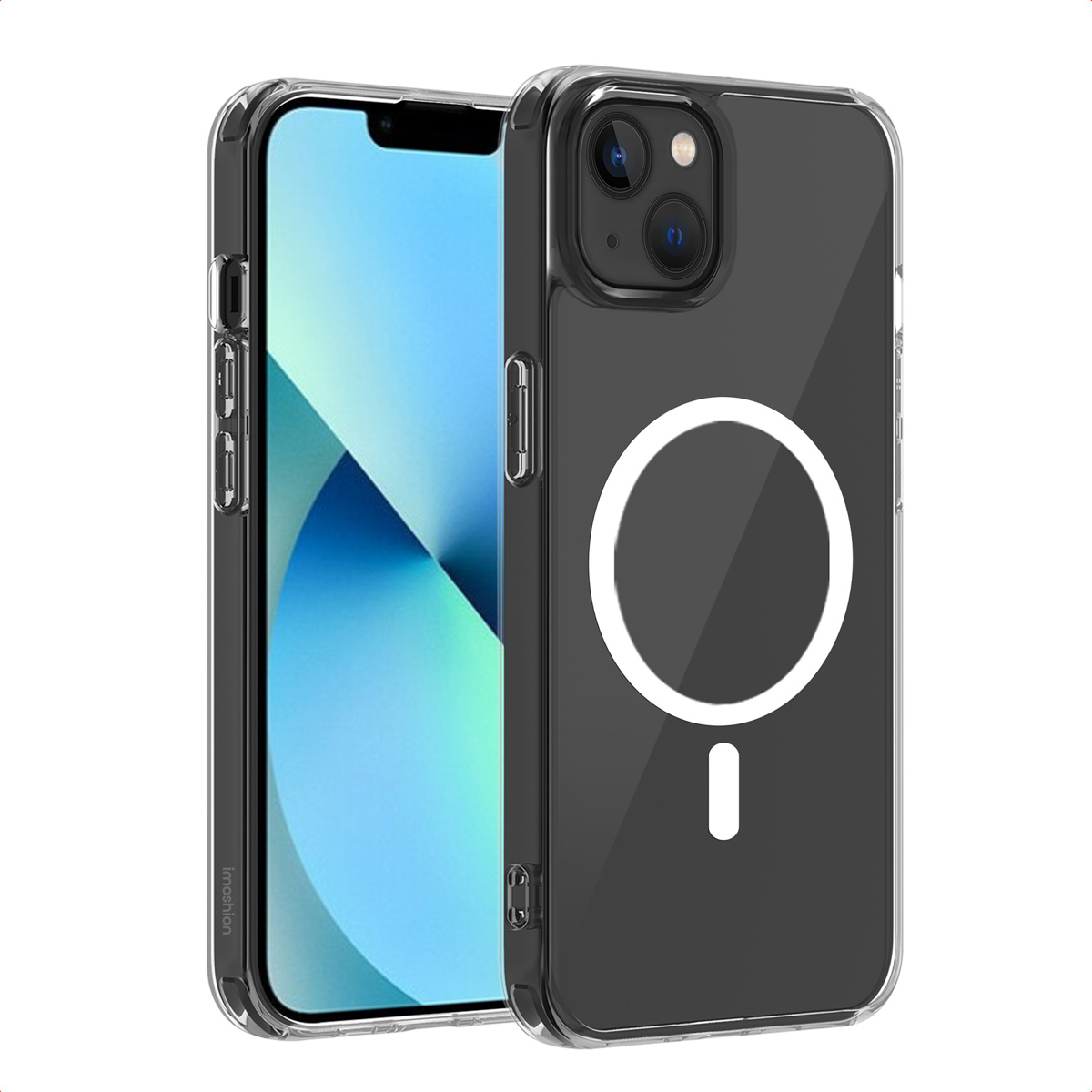 Custodia trasparente con telefono visibile. La custodia ha un anello MagSafe bianco. Schermo del telefono visibile.