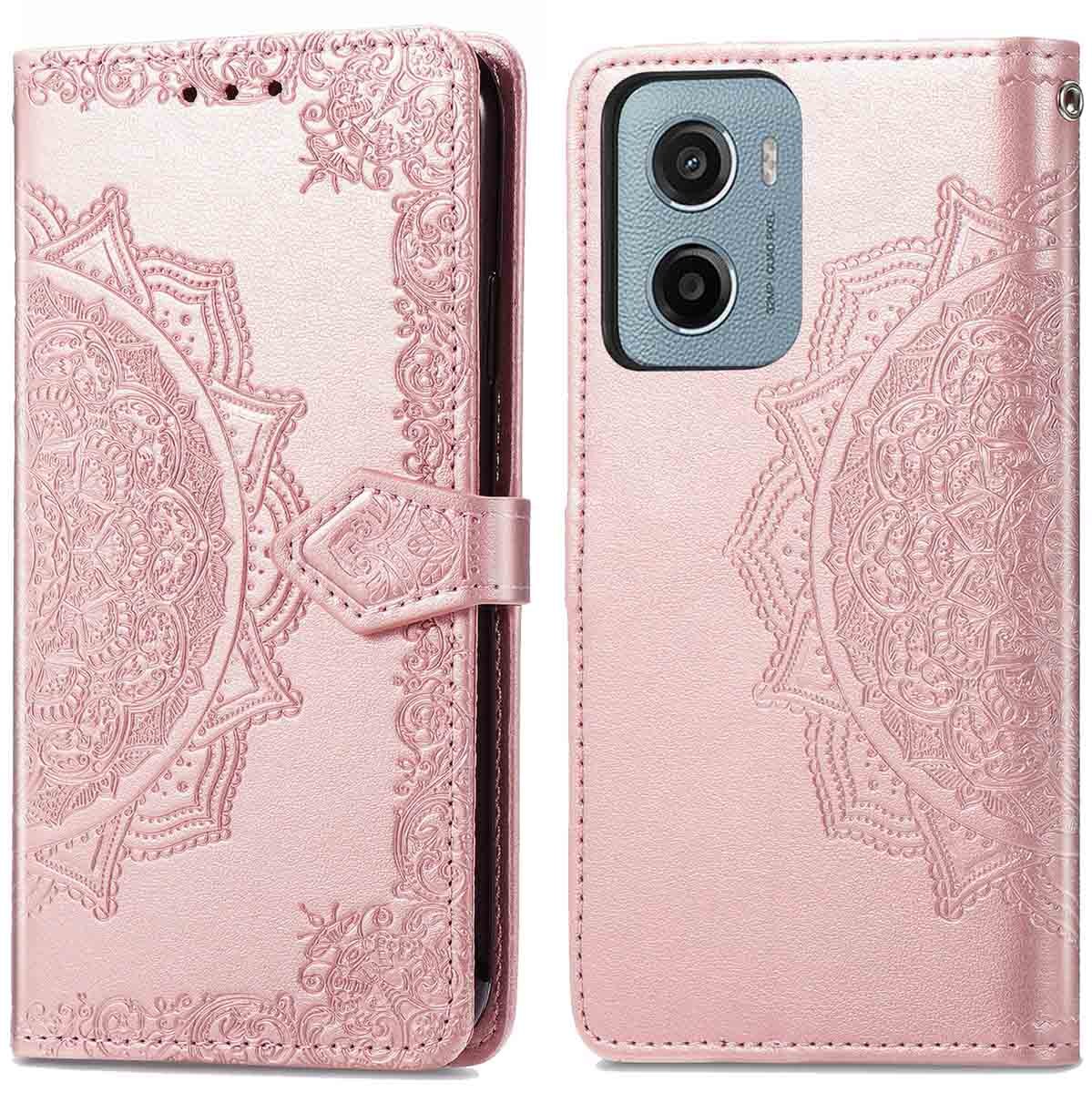 Étui portefeuille rose pour téléphone avec motif mandala. Ouvert, montrant fentes pour téléphone et cartes. Surface rose clair.