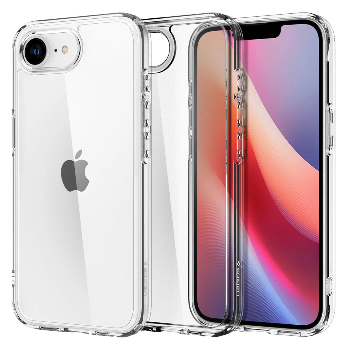 Transparante telefoonhoesjes. Er zit een telefoon in. Tekst onderaan.