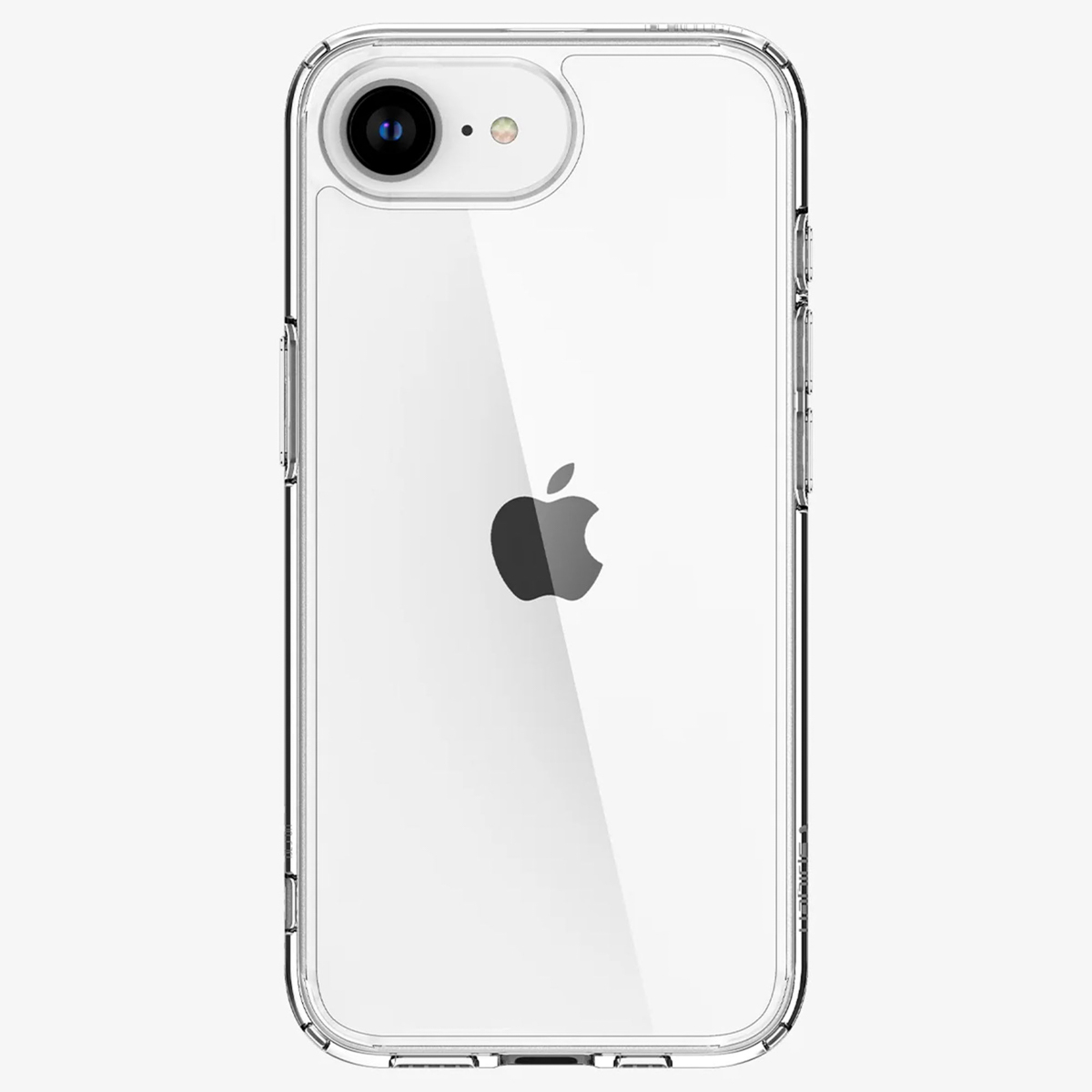 Transparante telefoonhoes met een Apple-logo op de achterkant en een telefoon.
