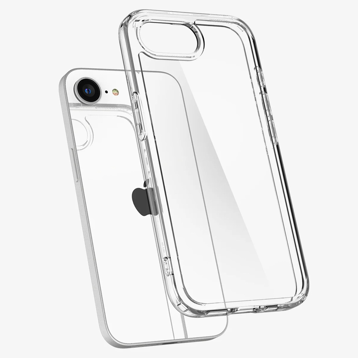 Transparante telefoonhoes, in twee delen, één met telefoon erin. Het Apple-logo is zichtbaar.