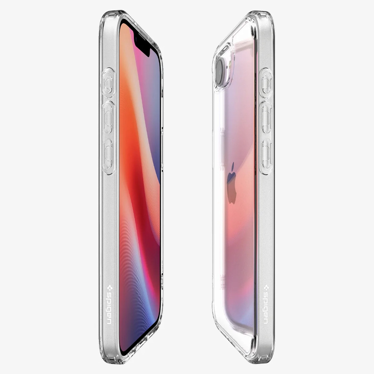 Twee telefoons met doorzichtige hoesjes, die het ontwerp van de telefoons laten zien, zijaanzicht.