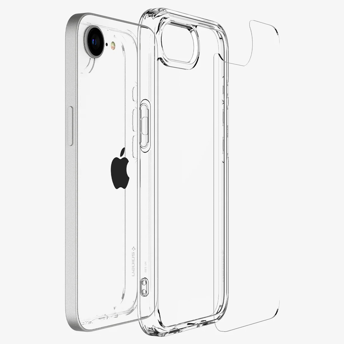Transparante iPhone-hoes en telefoon. De hoes is open, toont Apple-logo op de achterkant. Witte achtergrond.