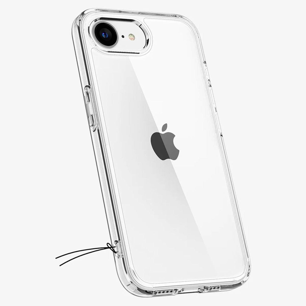 Een doorzichtig telefoonhoesje op een telefoon, met het Apple-logo zichtbaar.