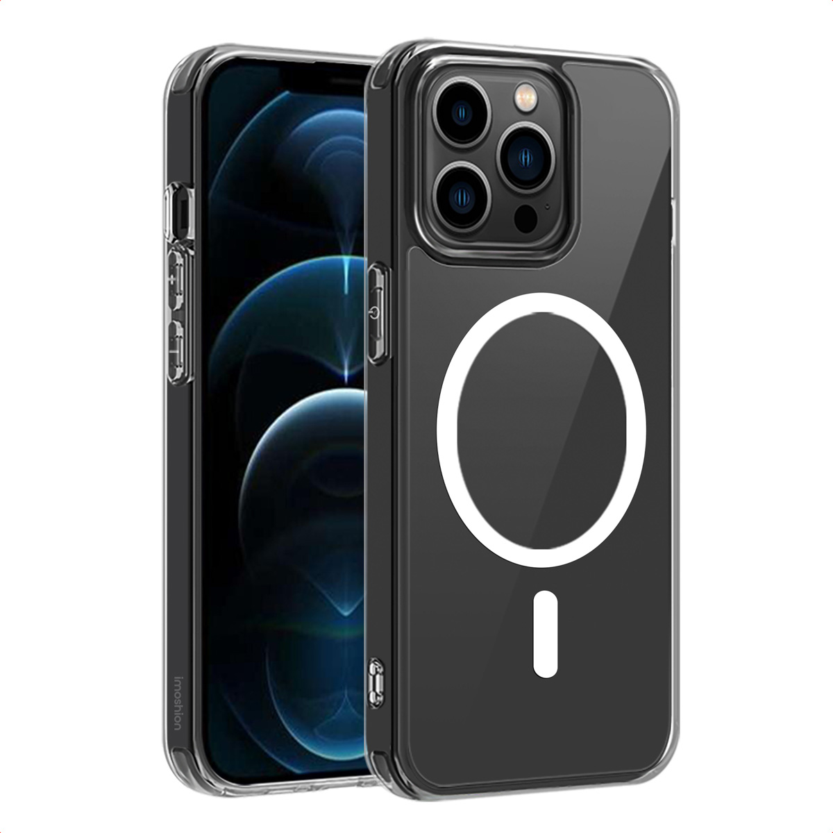 Custodia trasparente per telefono con un cerchio magnetico bianco, vista angolata.