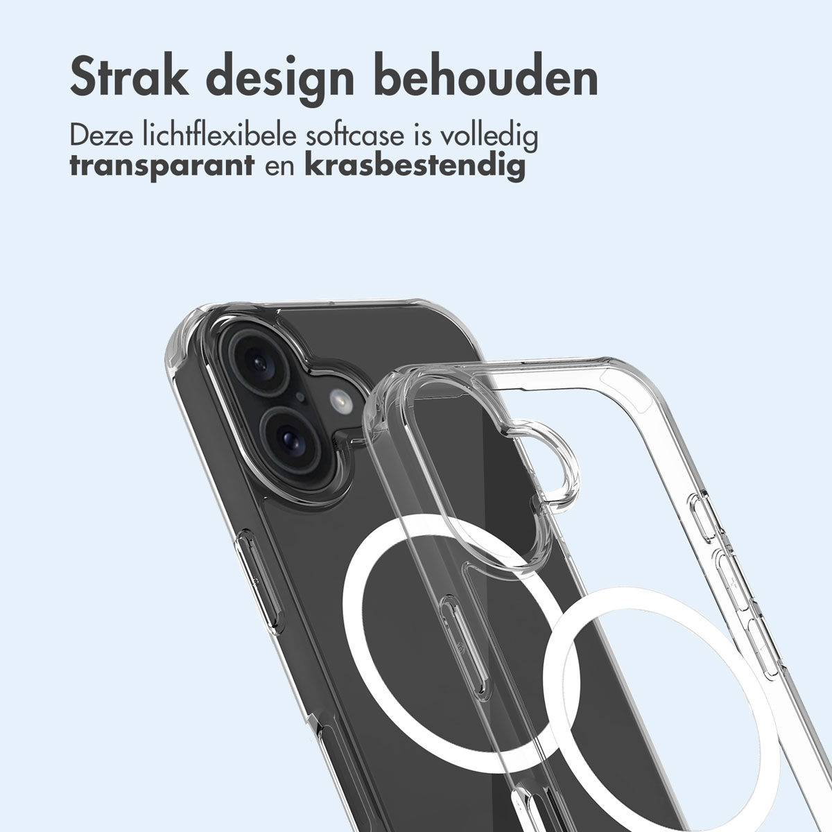 Una custodia trasparente per telefono su un telefono nero. Mostra il telefono e la custodia trasparente. Anello bianco.