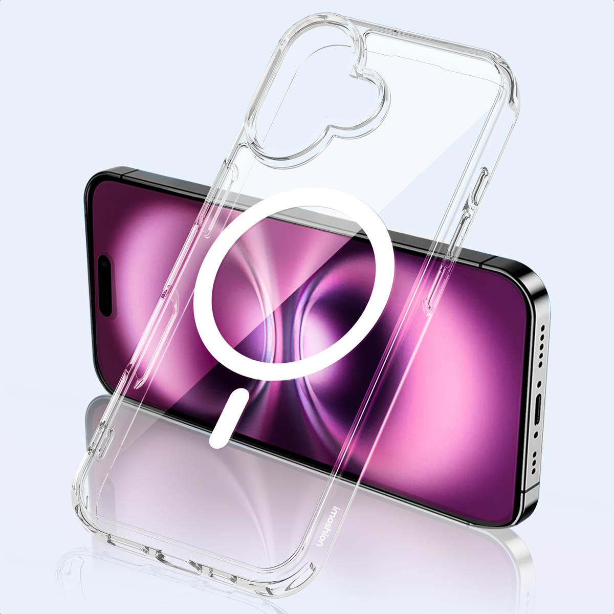 Custodia trasparente su un telefono, con design circolare bianco e logo Imoshion.