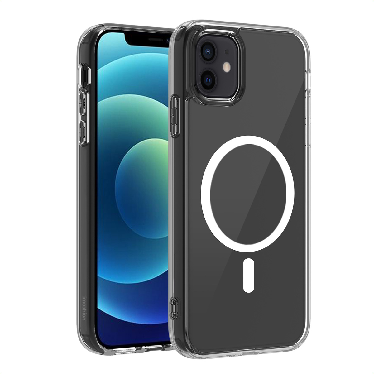 Coque transparente, téléphone noir inséré, cercle blanc au dos.