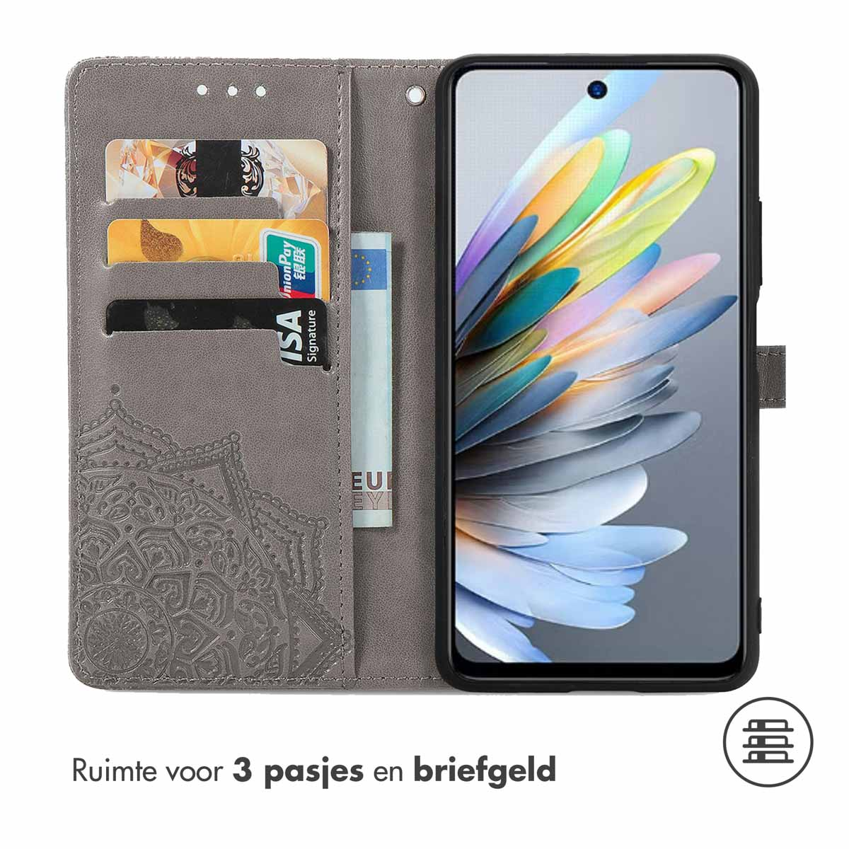 Étui de téléphone ouvert avec téléphone, cartes et argent. Étui gris, téléphone à droite, fentes pour cartes à gauche.