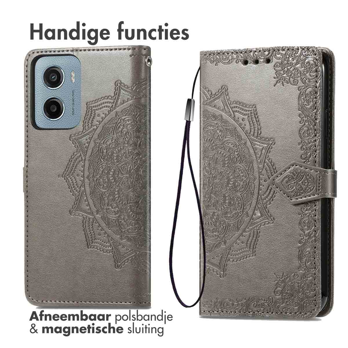 Un étui de téléphone gris avec un motif de mandala. Il s'agit d'un étui folio. Vues ouvertes et fermées.