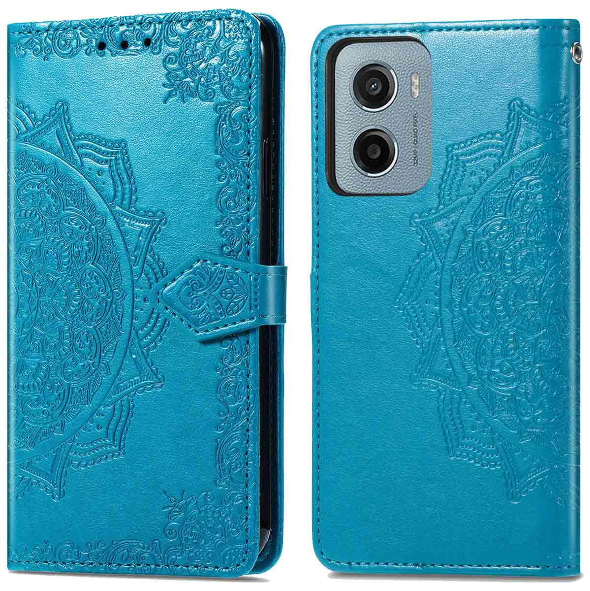 Étui portefeuille bleu avec motif floral texturé, ouvert et fermé, sur fond blanc.