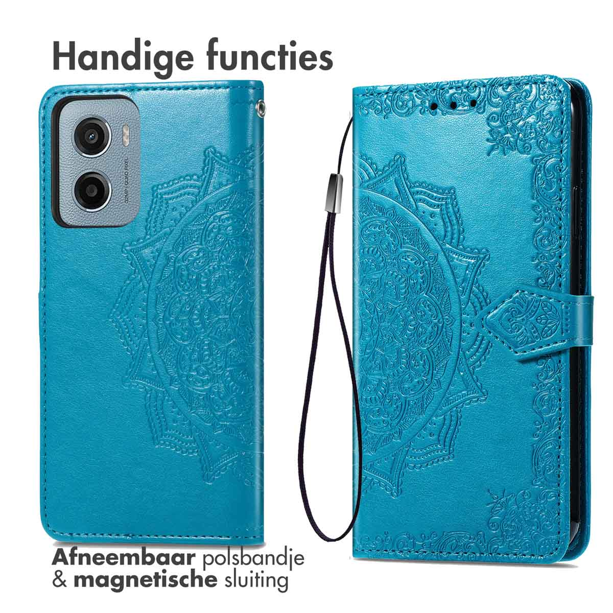 Coque de téléphone bleue avec motif mandala. Dispose d'une dragonne amovible et d'une fermeture magnétique.