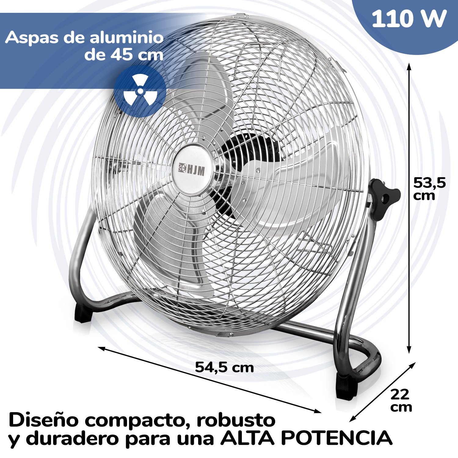 Un ventilador de metal con aspas curvas. Tiene un diseño compacto con dimensiones y una base.