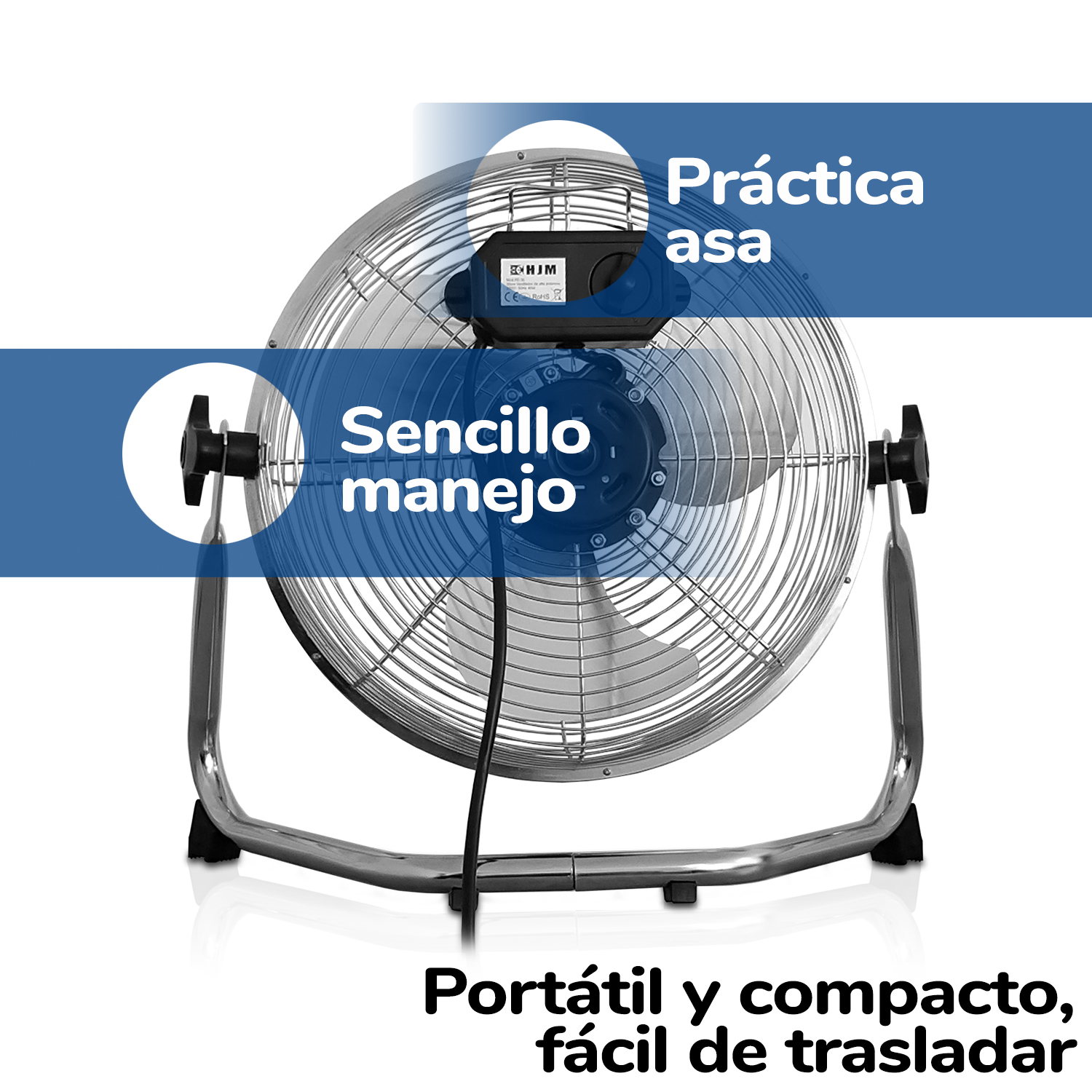 Ventilador metálico con motor y asa negros. Texto en español se muestra en la parte superior.