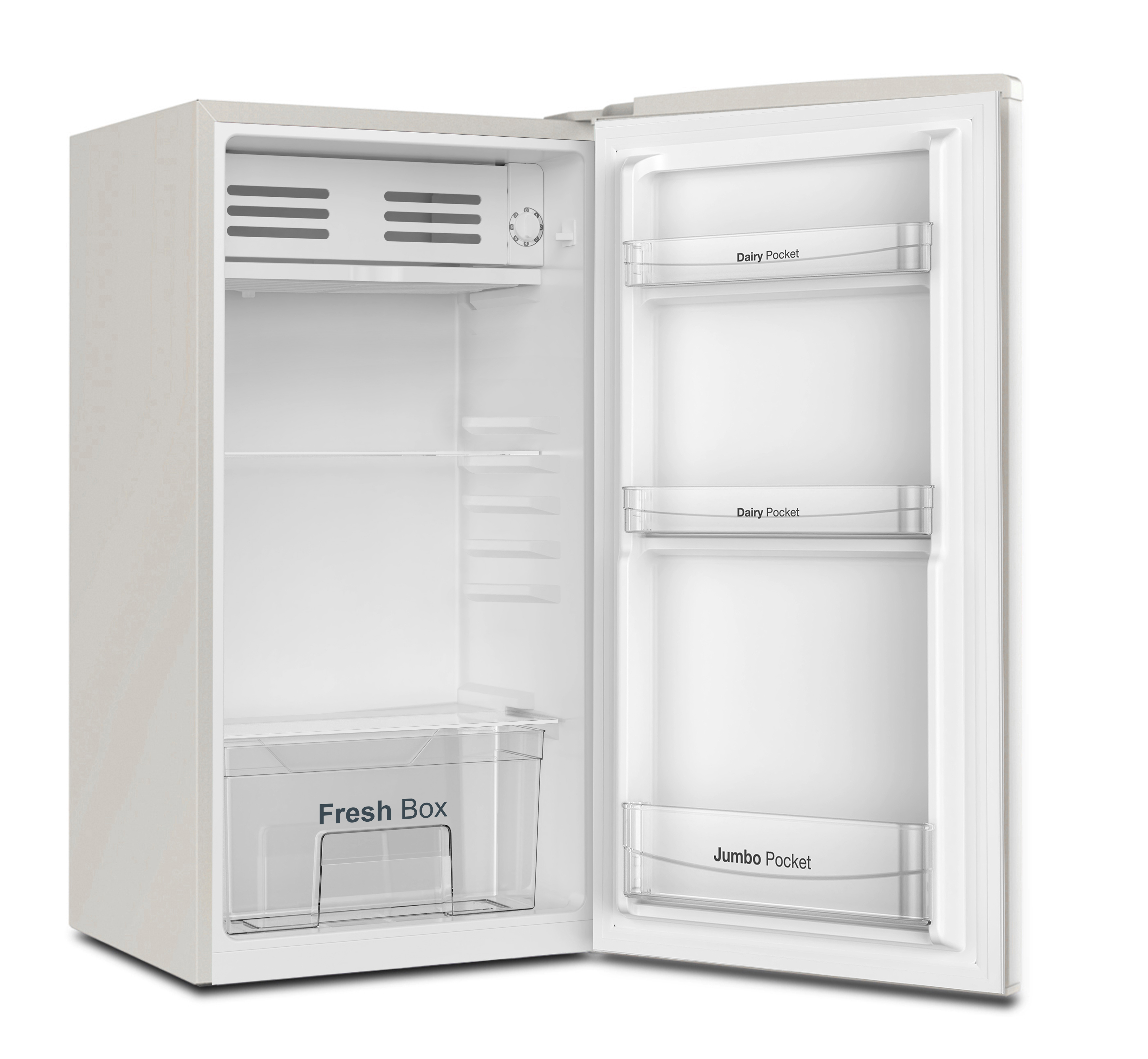 Un frigorífico pequeño con la puerta abierta. Tiene estantes, una caja fresca y una puerta con bolsillos lácteos y jumbo.