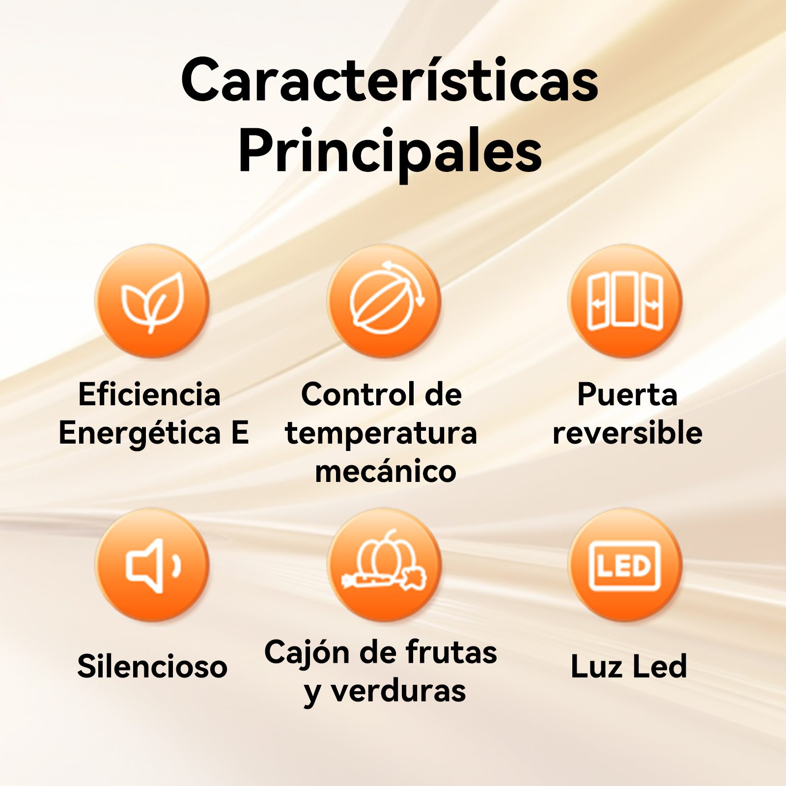 Iconos naranjas con texto blanco sobre un fondo degradado. Texto en español: Características Principales.
