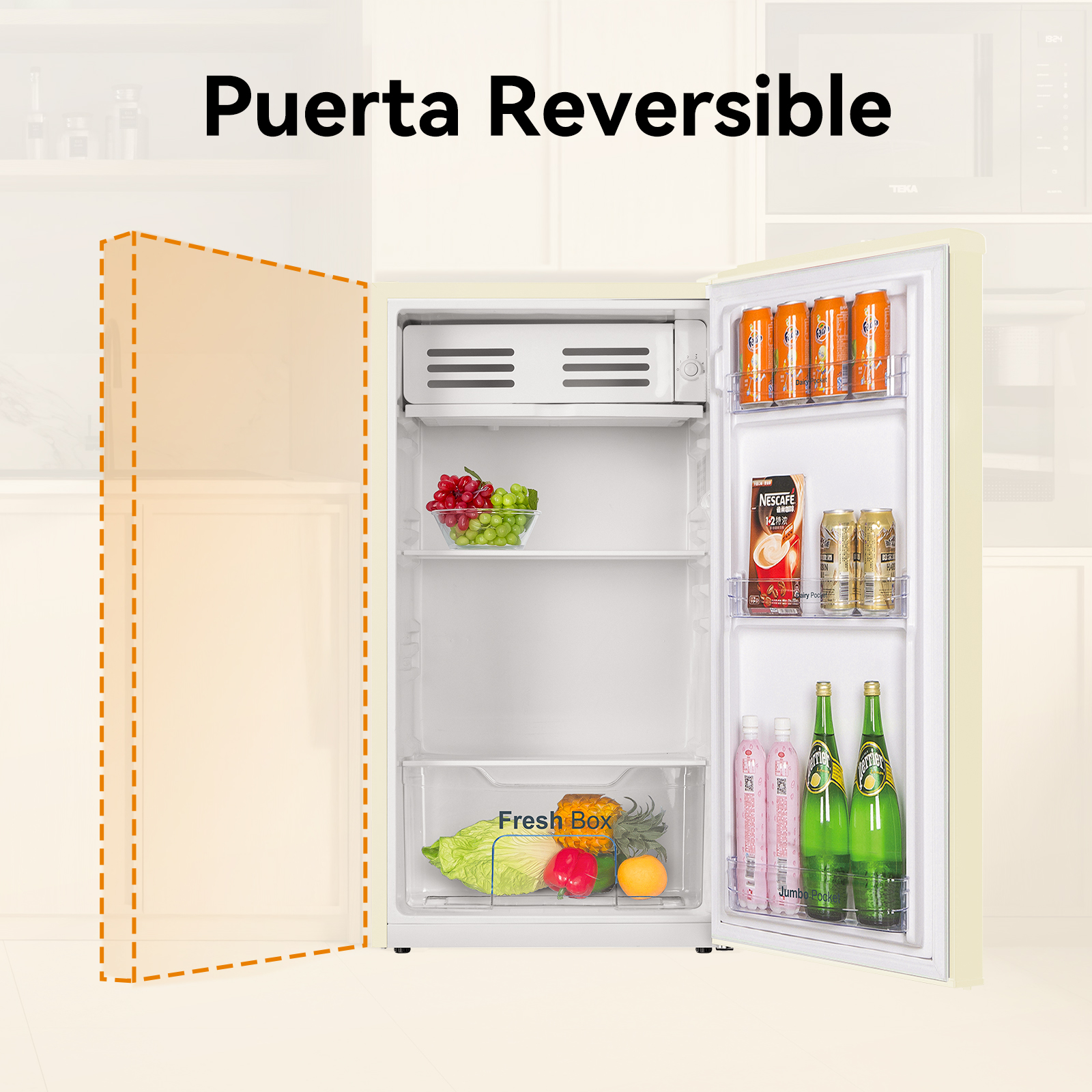 Nevera abierta con comida. Contorno naranja de la puerta muestra la reversibilidad.