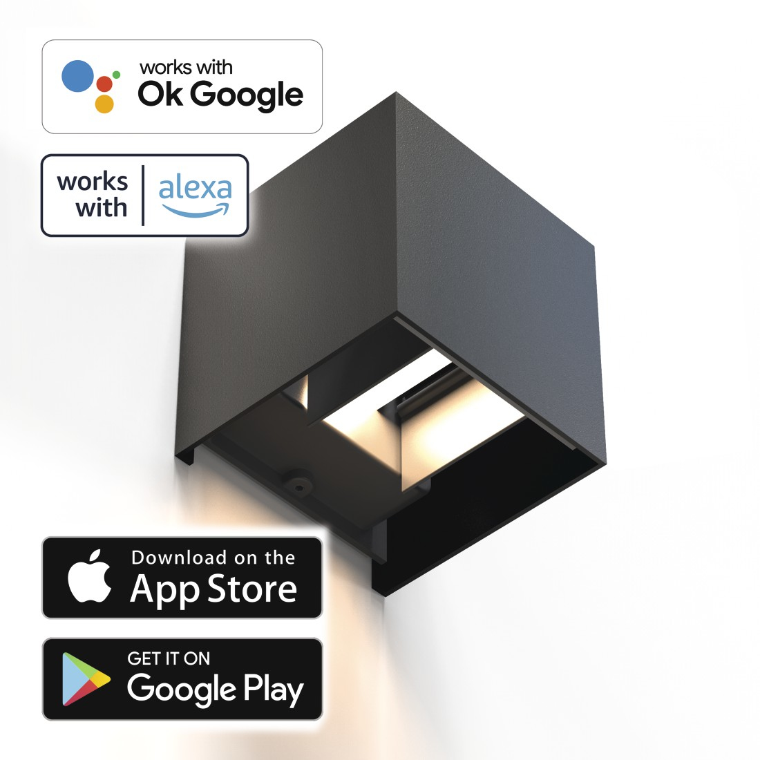 Schwarze quadratische Leuchte. Text: Funktioniert mit Google/Alexa. Download im App Store/Google Play.
