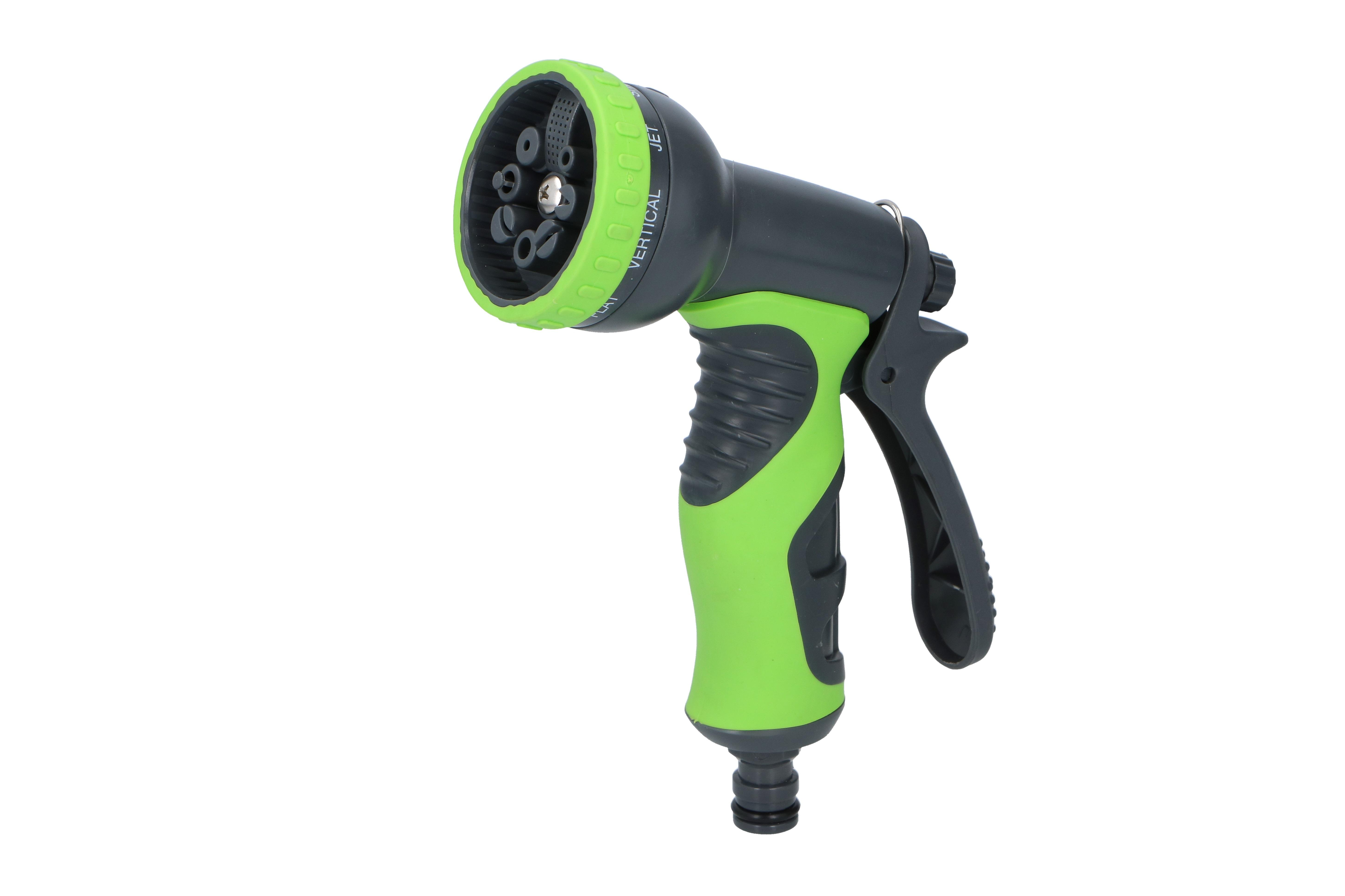 Groene sproeikop. Zwarte handgreep. Witte achtergrond.