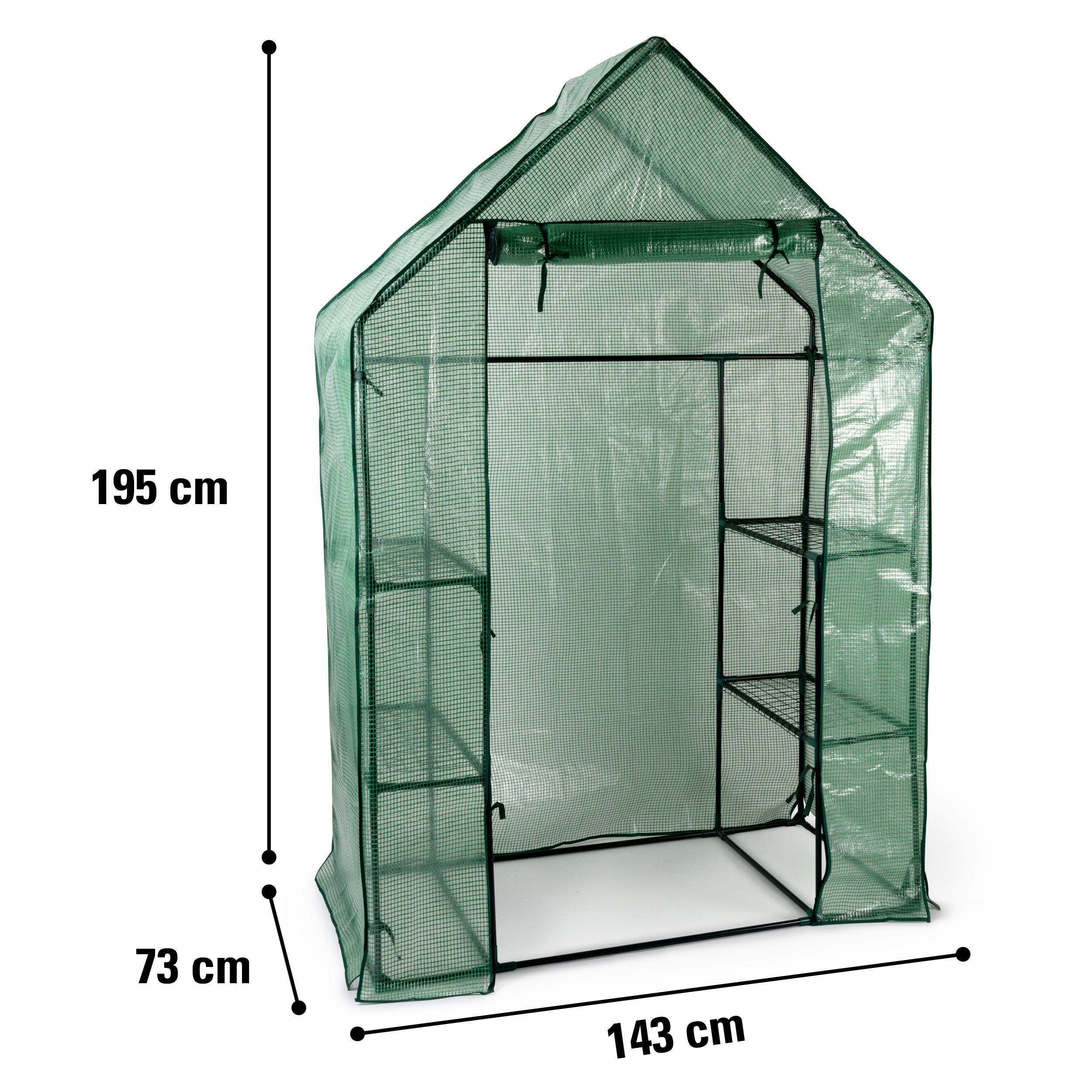 Groene kas. Groene plastic hoes over metalen frame. Meet 195 cm hoog, 73 cm breed en 143 cm lang.