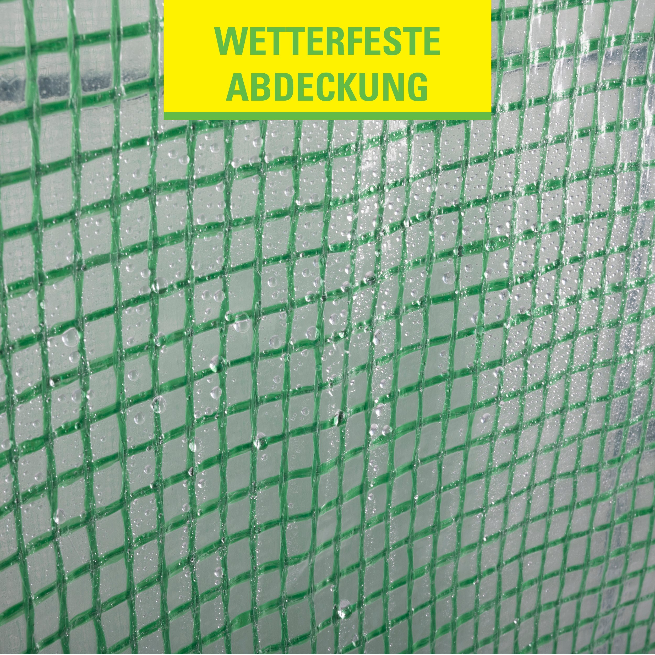 Close-up van een groen gaas met waterdruppels. Geel label: 'Weerbestendige afdekking'.